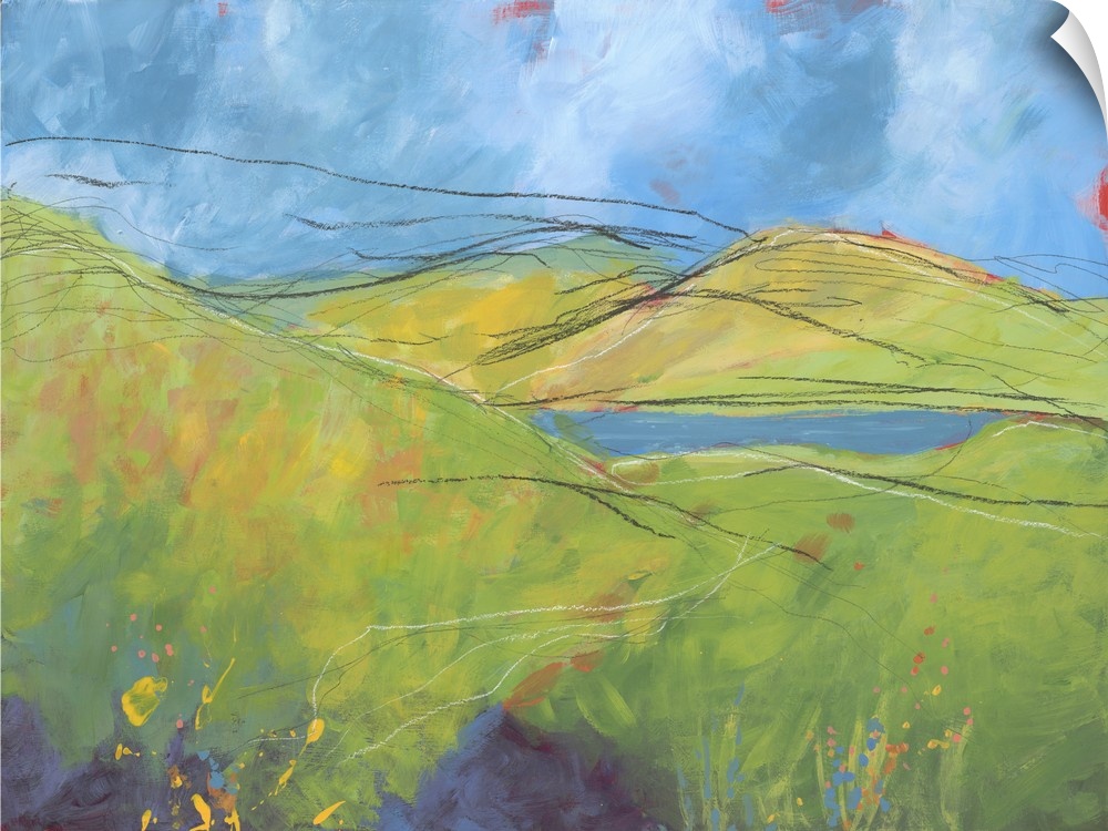 Abstract landscape of rolling hills in textured paint overlapped with black lines and small splatters of multiple colors.