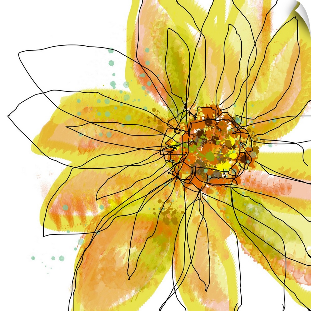 Digital painting of a flower on square shaped wall art. The floweros shape is defined by gestural line art while the petal...