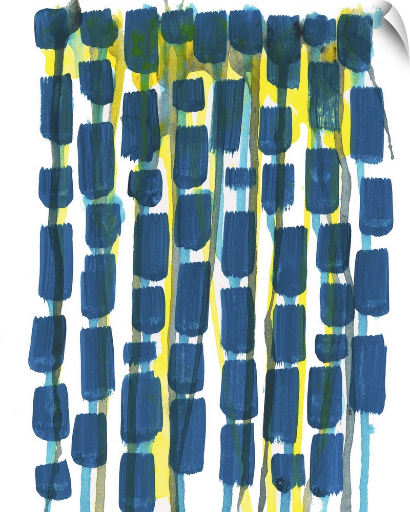Contemporary artwork featuring a chain of navy blue shapes with yellow areas.