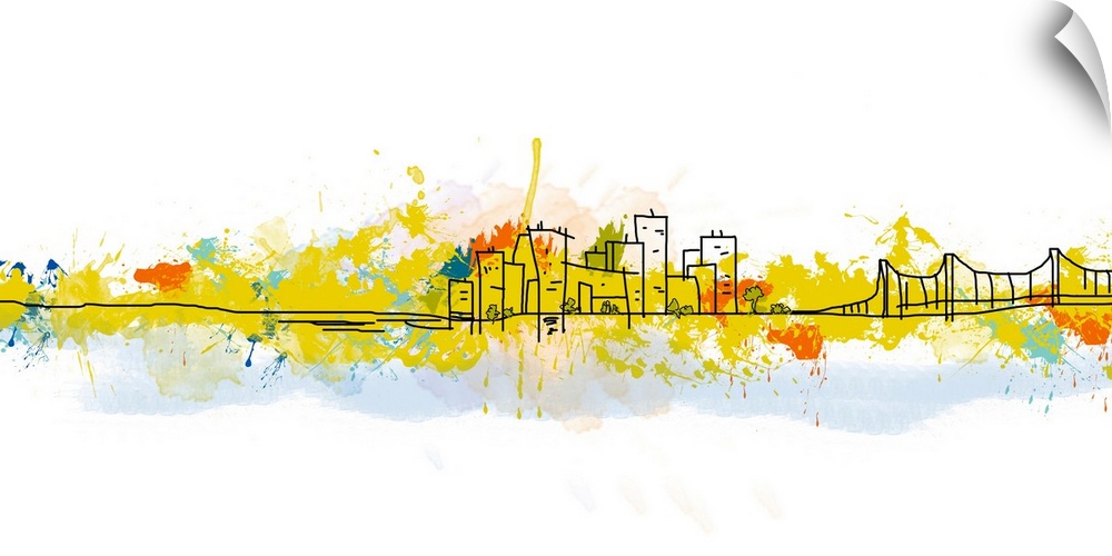 Horizontal wallart of a simple line drawing of a cityscape and bridge, colored with splatters of painting.