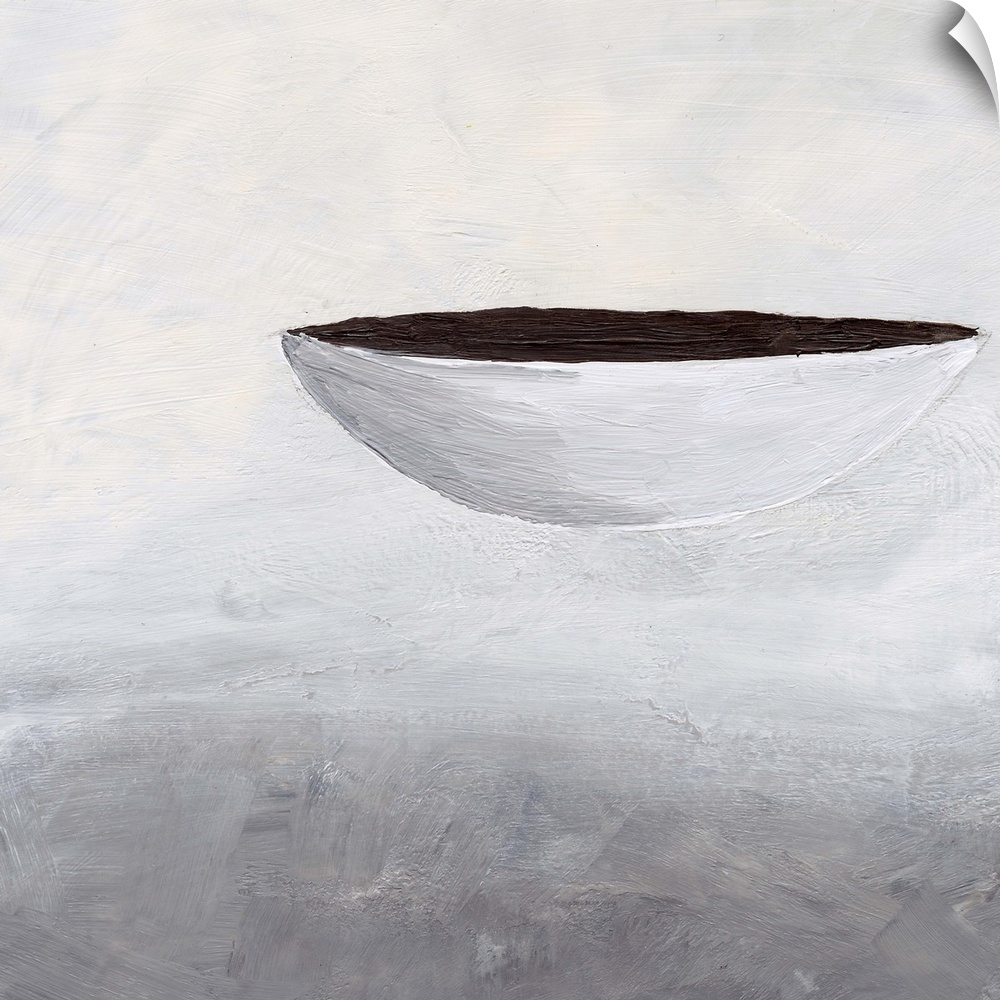 A contemporary abstract painting of a bowl made up with shades of white, gray, and black.