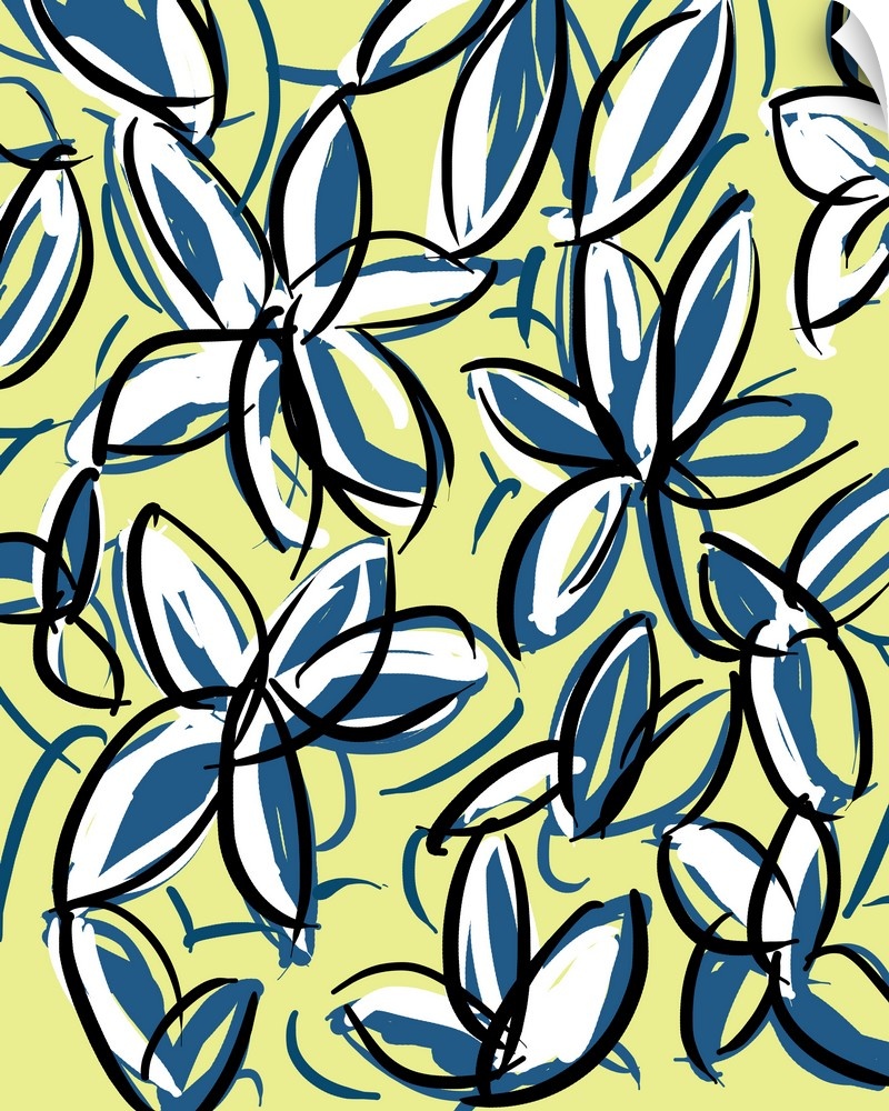 Gestural floral painting of blue and white flowers with dark outlines on yellow.