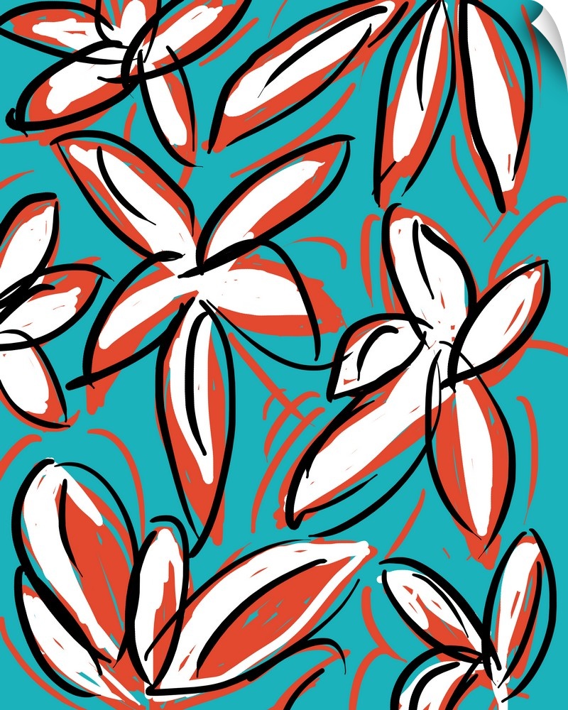 Gestural floral painting of red and white flowers with dark outlines on blue.