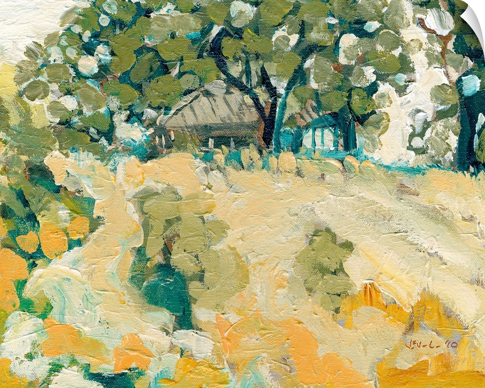 Contemporary abstract painting of cottage in the forest.  Textured circular paint daubs packed together give the illusion ...