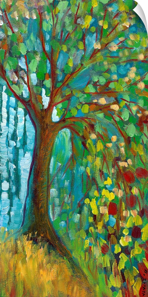 Panoramic contemporary art portrays a lone tree filled with brightly colored leaves sitting on a grassy hill.