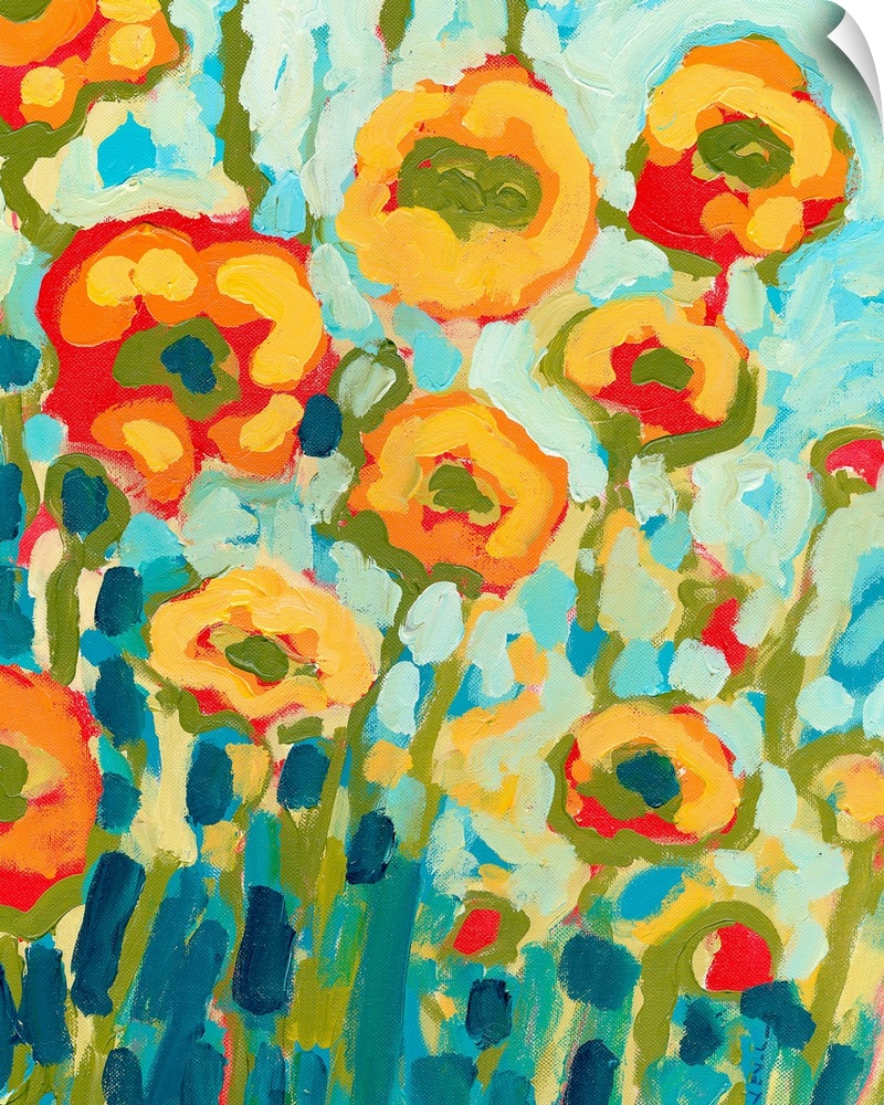 Contemporary painting of a florals in the sun created with big whimsical brushstrokes.