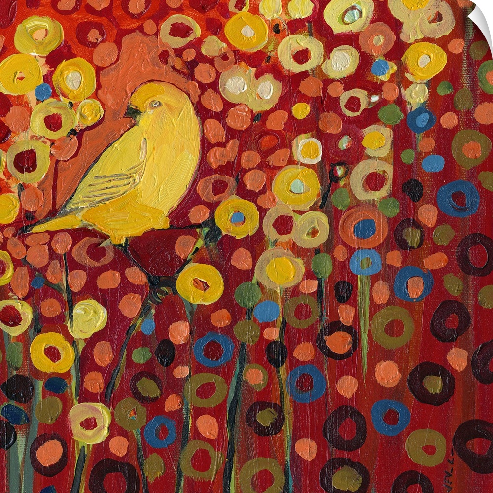 Contemporary art piece of a yellow canary sitting on a branch in a flower field represented by colorful circles.