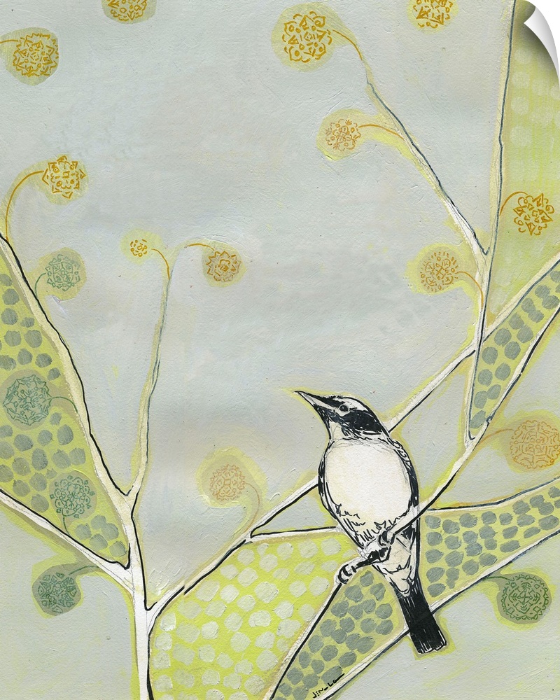 Contemporary whimsical painting of bird perched on tree branch with flowers.  Circles are used to create texture and flowe...