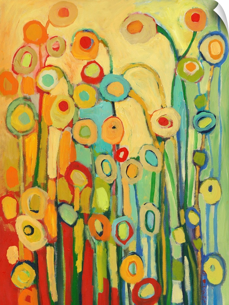 Vertical, abstract painting of simplified flower shapes in a kaleidoscope of colors.