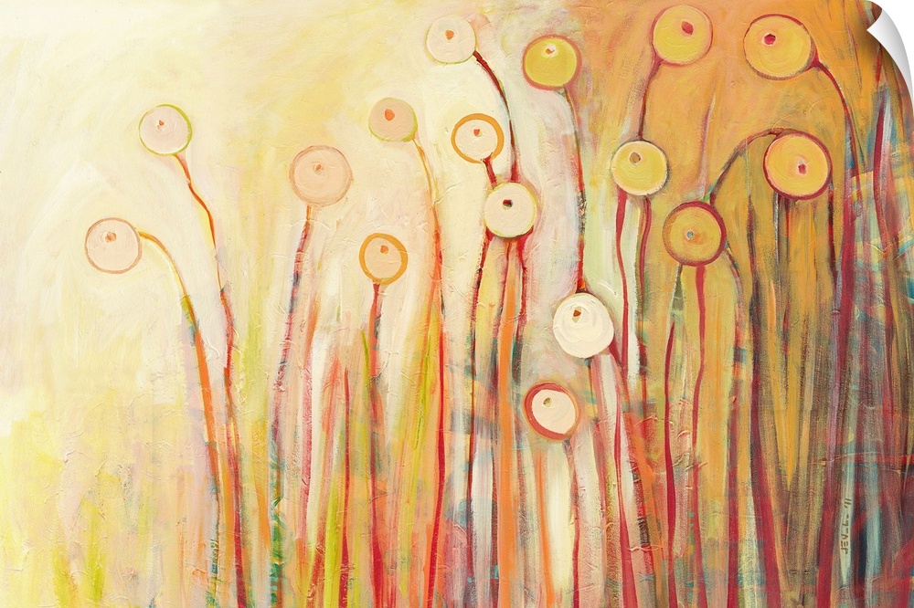 This horizontal abstract painting shows pastel color flower pods on a radiant backdrop.