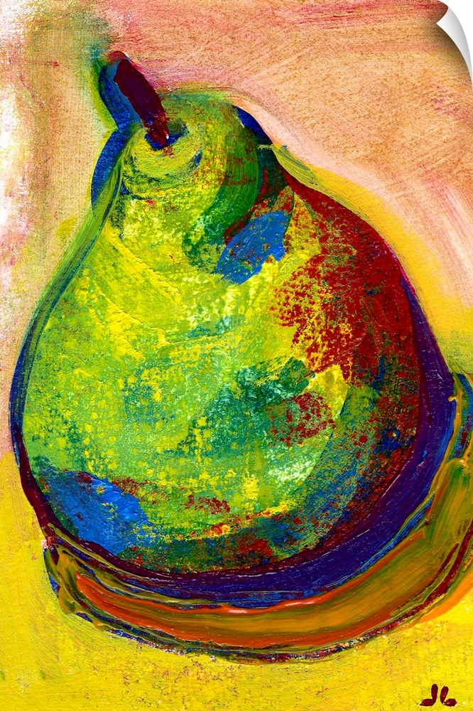 A piece of contemporary artwork of a drawn pear that uses various colors for shading and shadowing.