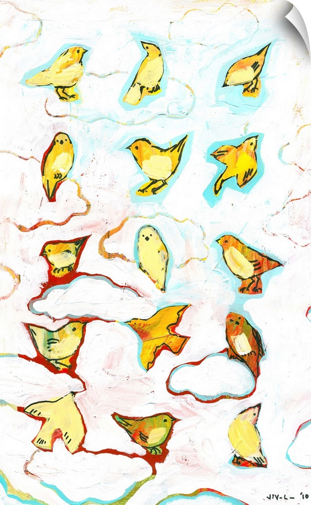 Bright and colorful contemporary painting of birds perched in clouds.