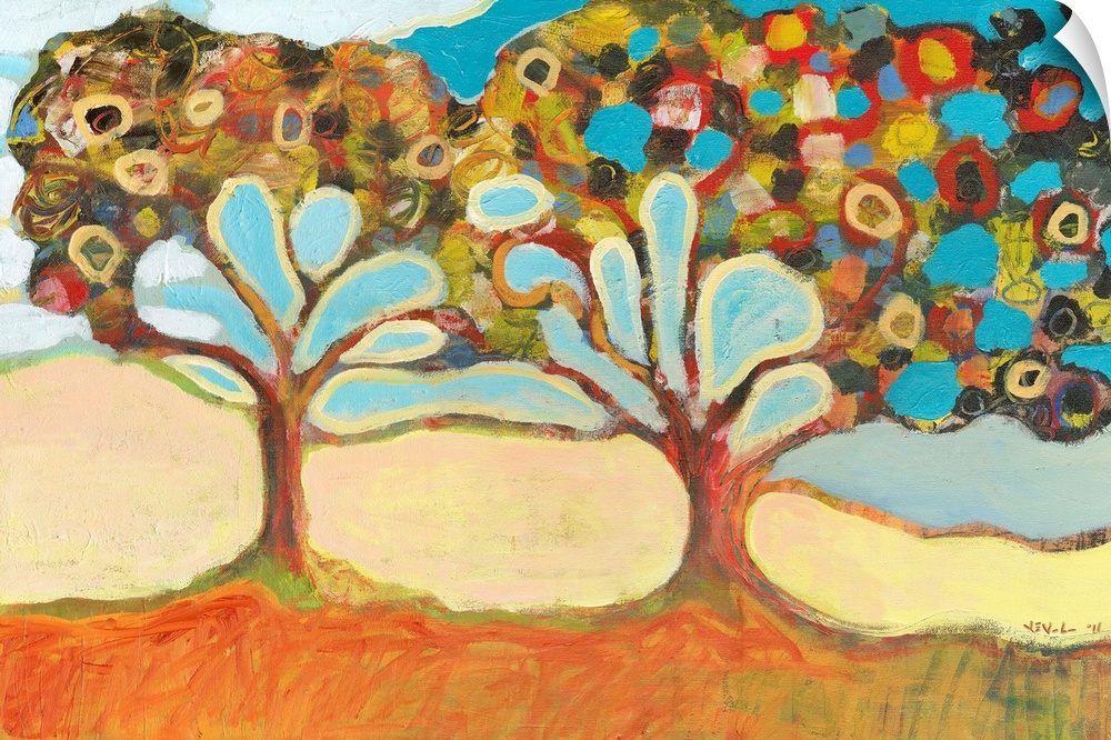 Large, horizontal, contemporary painting of two colorful trees with branches that appear to have grown together.