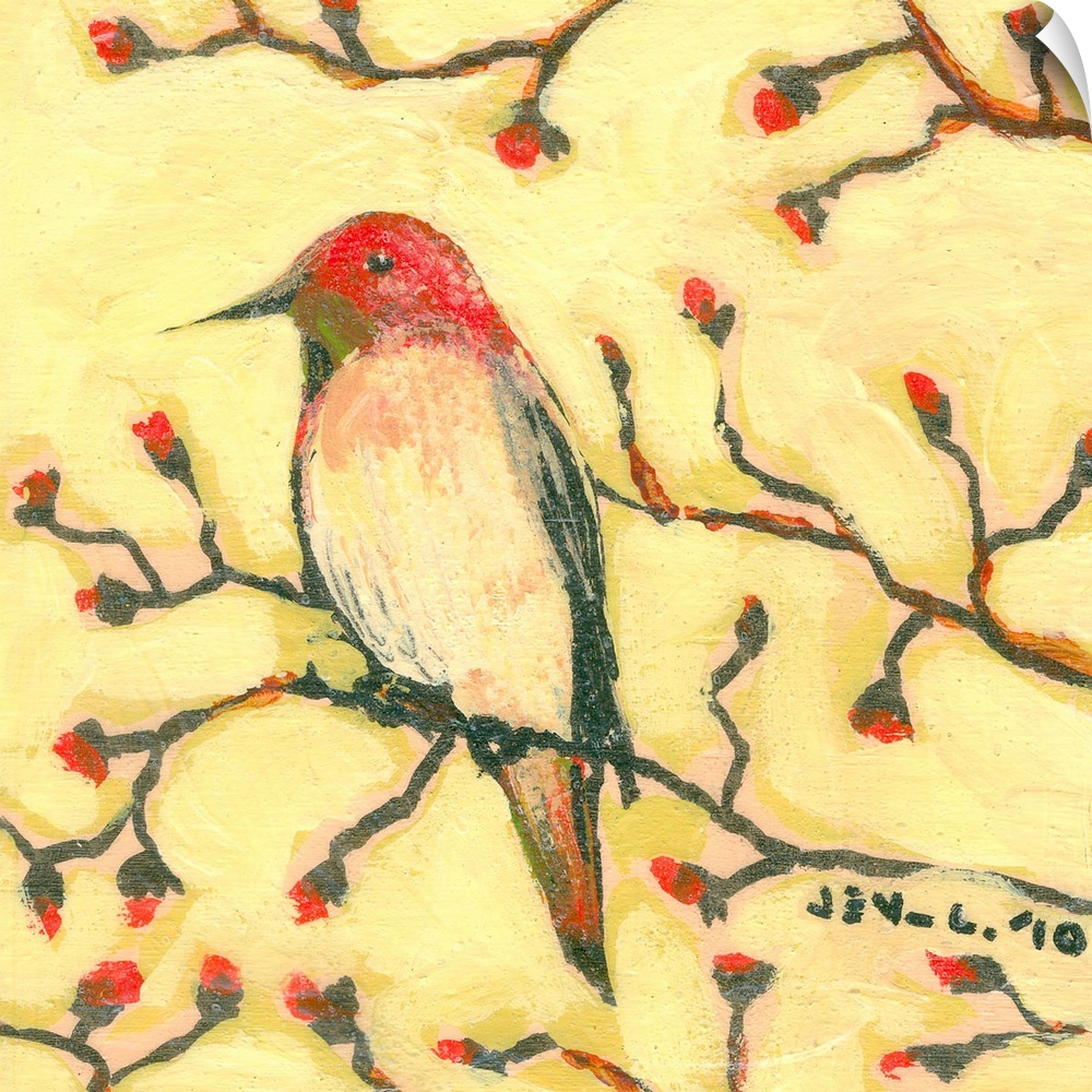 Contemporary painting of bird sitting on and surrounded by branches filled with flower buds.