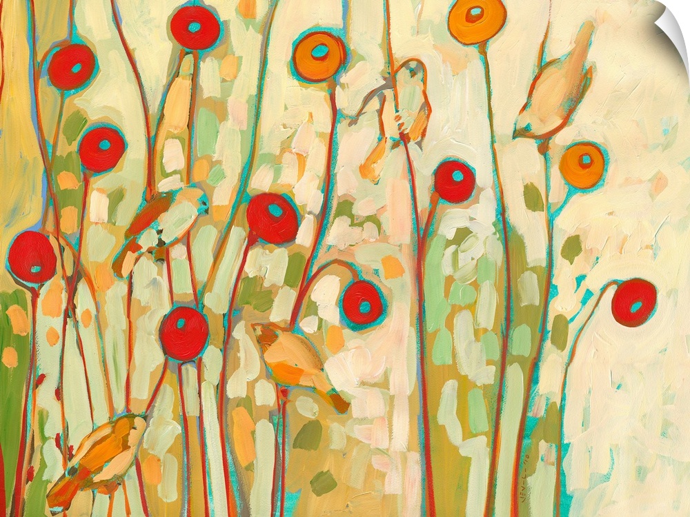 Huge contemporary floral art displays five birds sitting amongst a group of poppy flowers.  Artist uses earthy tones and c...