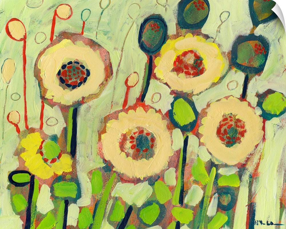 Colorful wall art painting of blooming flowers in a garden.