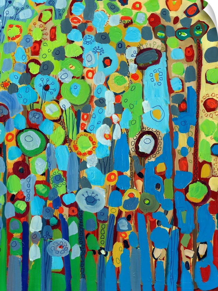 Large portrait abstract painting of a variety of circular flowers growing vertically in mainly cool tones.