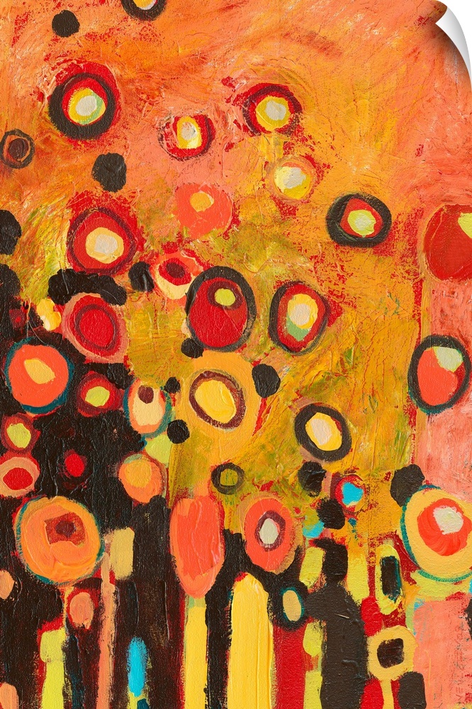 A colorful contemporary piece with mostly warmer tones and circles with several colors throughout the painting.