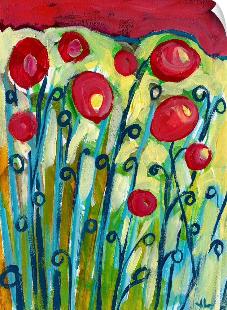 This large vertical painting shows long flowers sprouting from the ground with red tops.