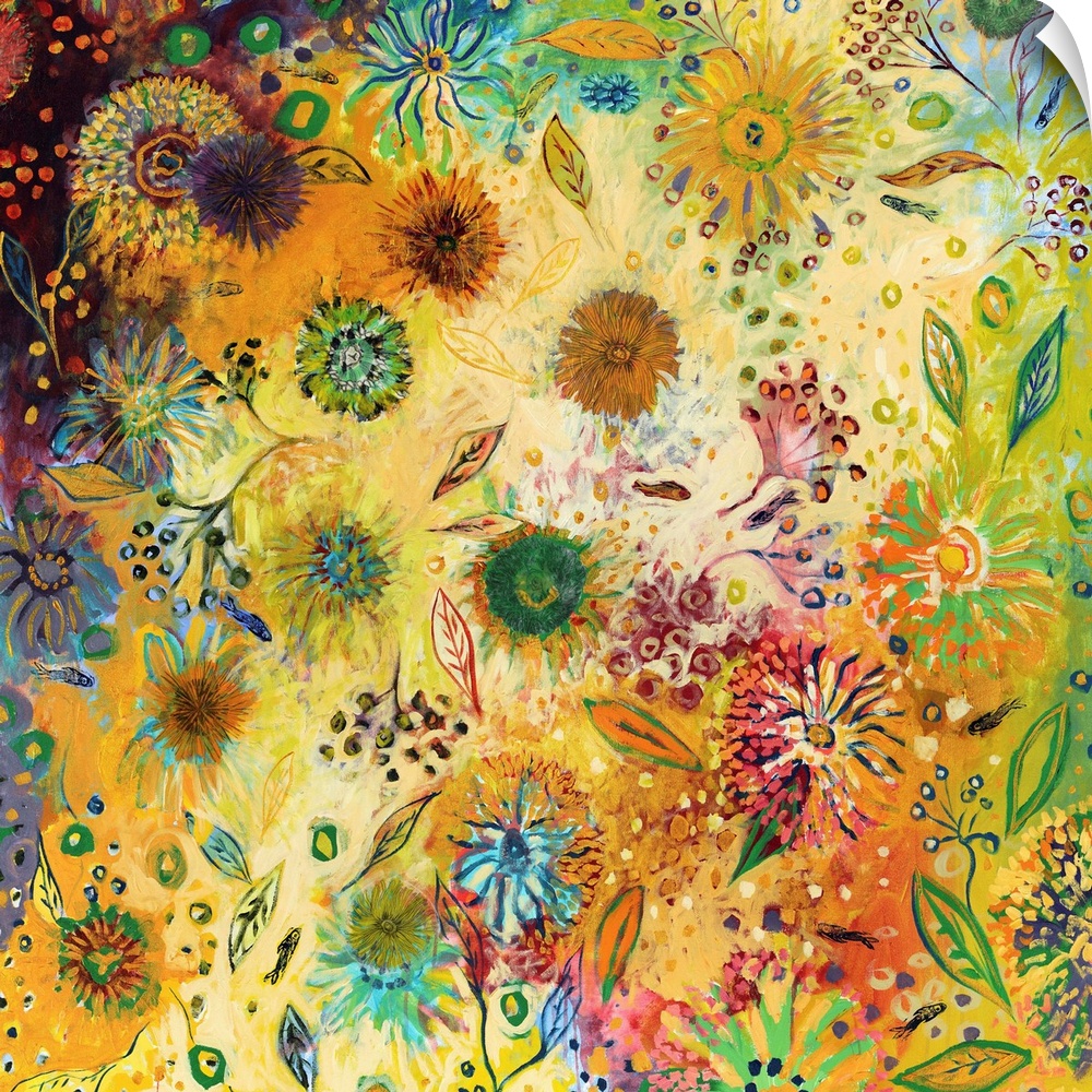 Contemporary artwork of various flowers and leaves that are painted with vibrant colors.