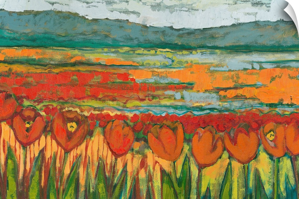 A horizontal landscape painting with chunky brushstrokes of an abstract tulip field surrounded by mountains.