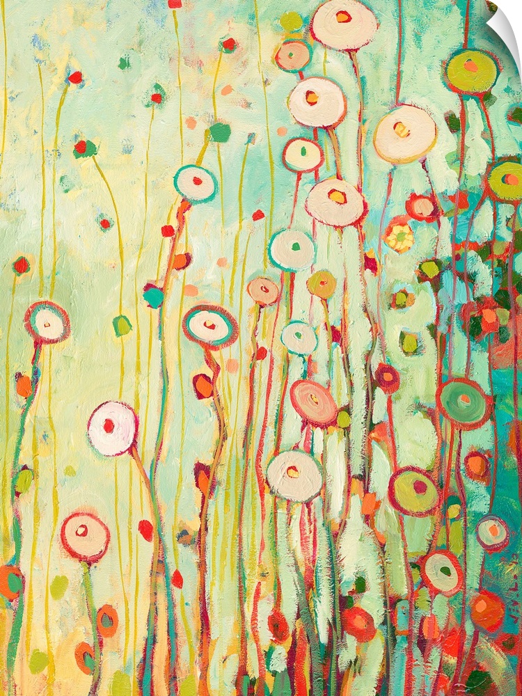 Bright contemporary painting of tall flowers made from circles.