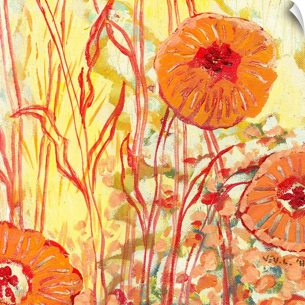 Contemporary painting of three round flowers growing in the tall grass, done in warm, summery colors.