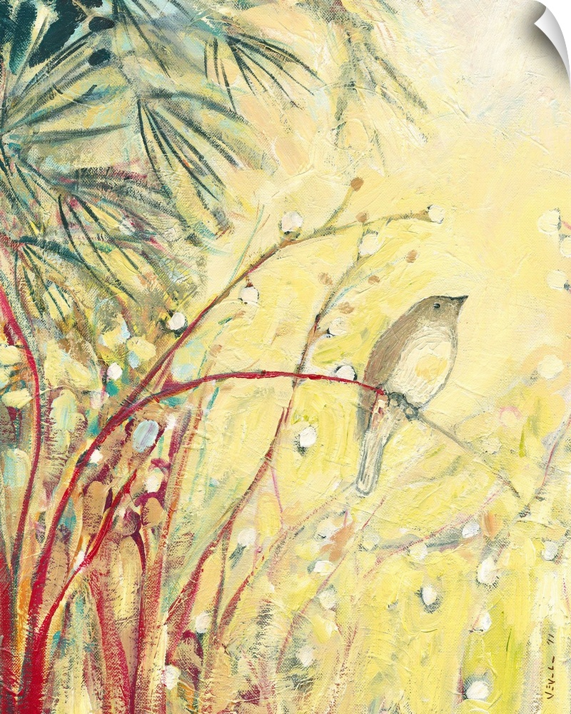 Large painted artwork of a small bird standing on a branch that is bending over and other plants surrounding it.