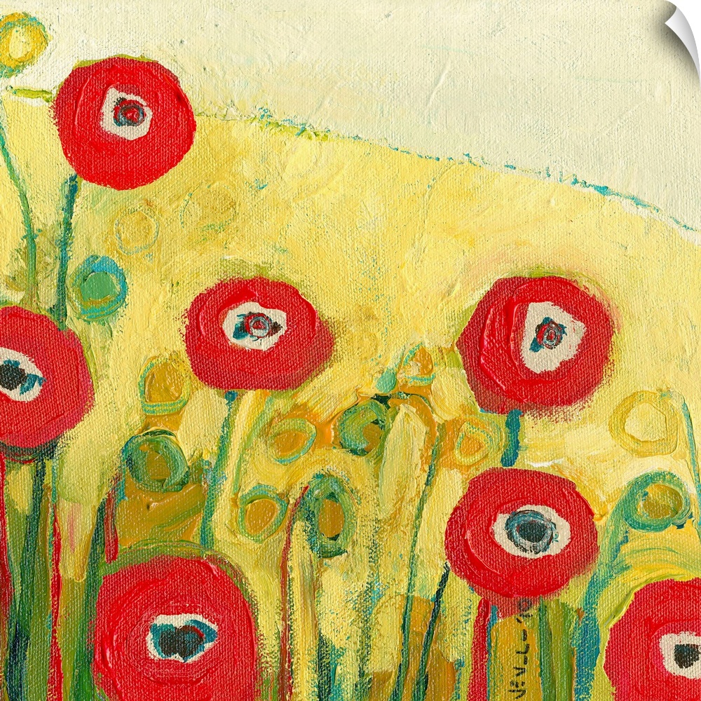 This is contemporary, abstract artwork on a square canvas of blossoms growing on a hillside on a vibrantly sunny day.