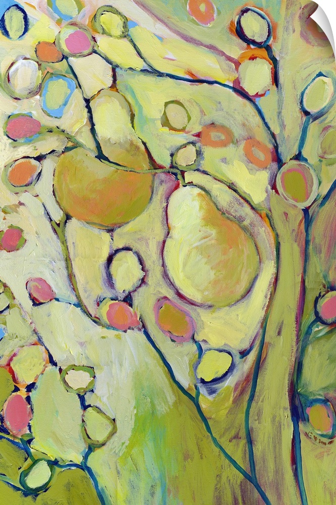 A piece of contemporary artwork of a pear tree with two pears hanging from the branches and colorful buds painted along th...
