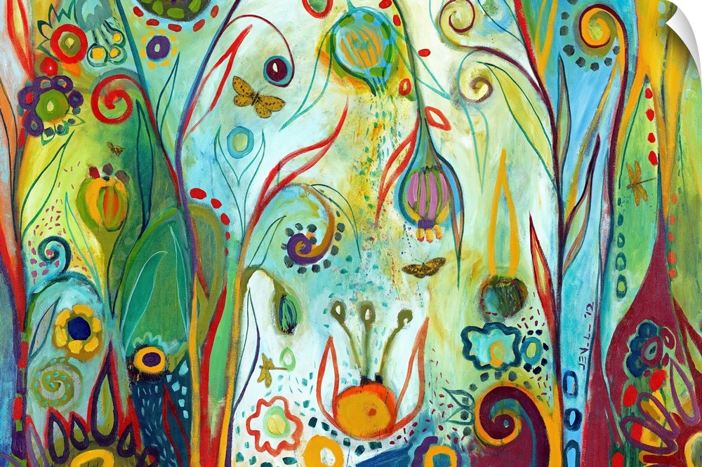 Brightly colored abstract painting of whimsical flowers and butterflies with areas of patterned dots.