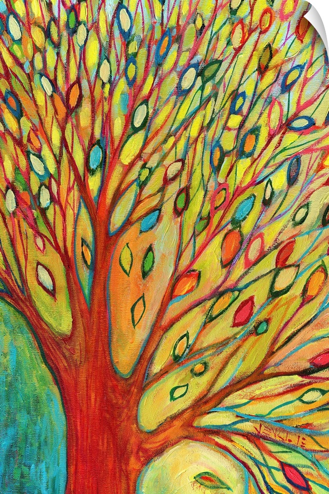 A bright mixture of colors is used to paint tiny leaves on a massive tree that is half shown.