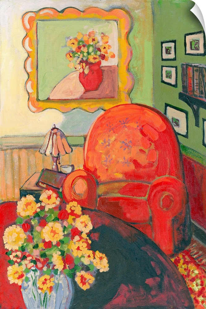 A contemporary painting of a large red arm chair that sits next to a small table with a lamp and book on it. A table of fl...