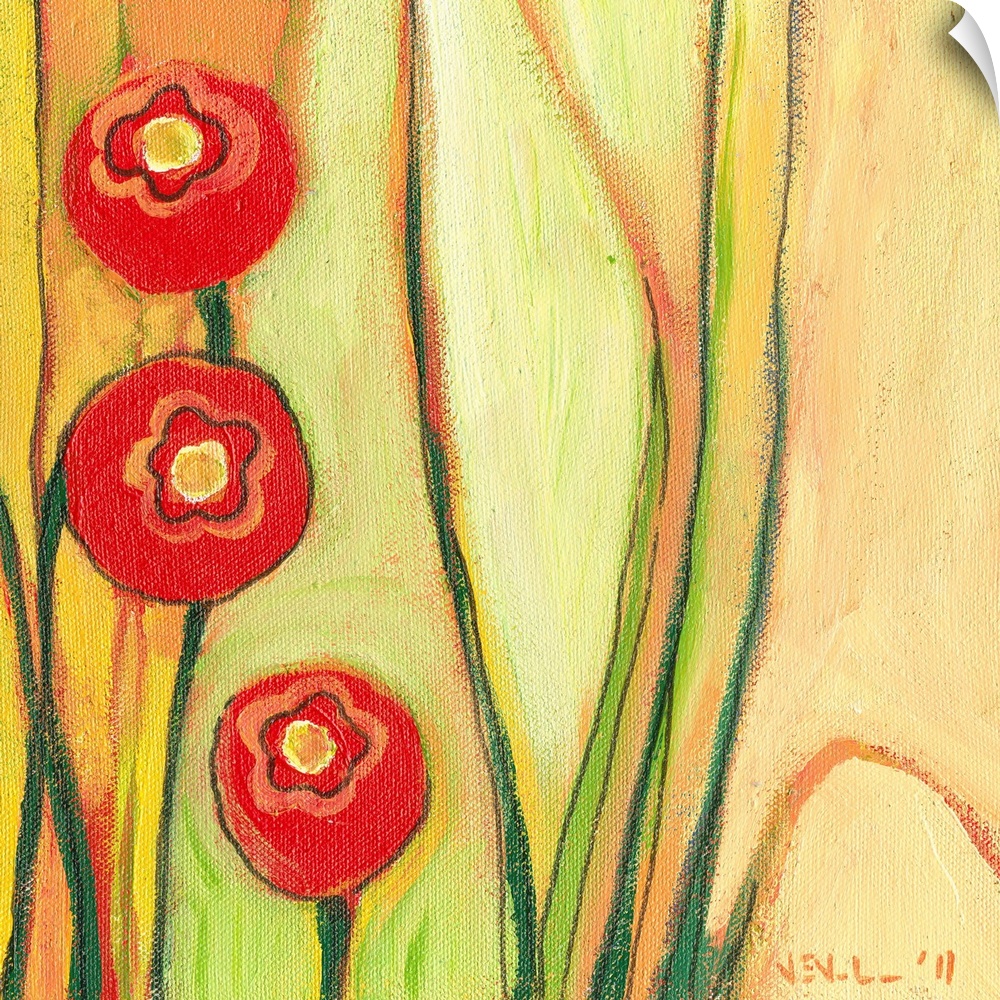 Contemporary painting of three poppy flowers and stems on a textured background.