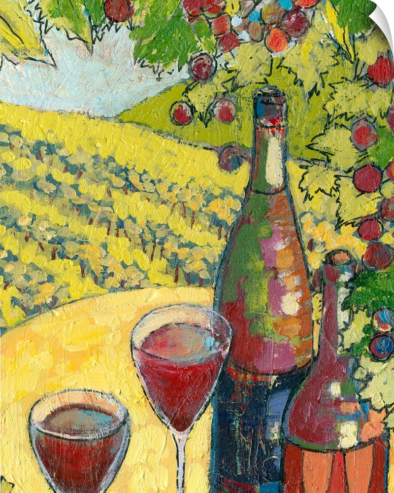 Portrait, large painting of wine country in Oregon, two bottles and glasses of wine sit below braches of grapes on the vin...
