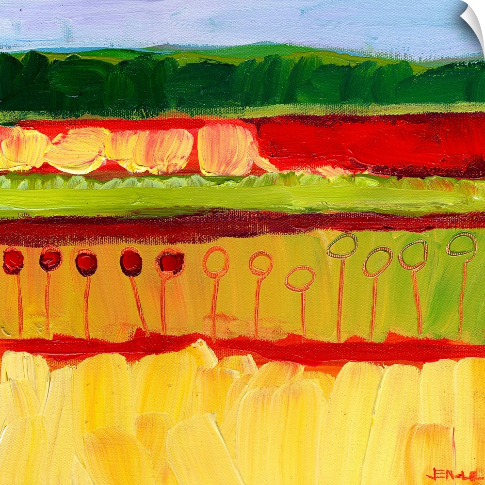 Abstract painting of colorful fields with vegetation created with broad textured brush strokes.