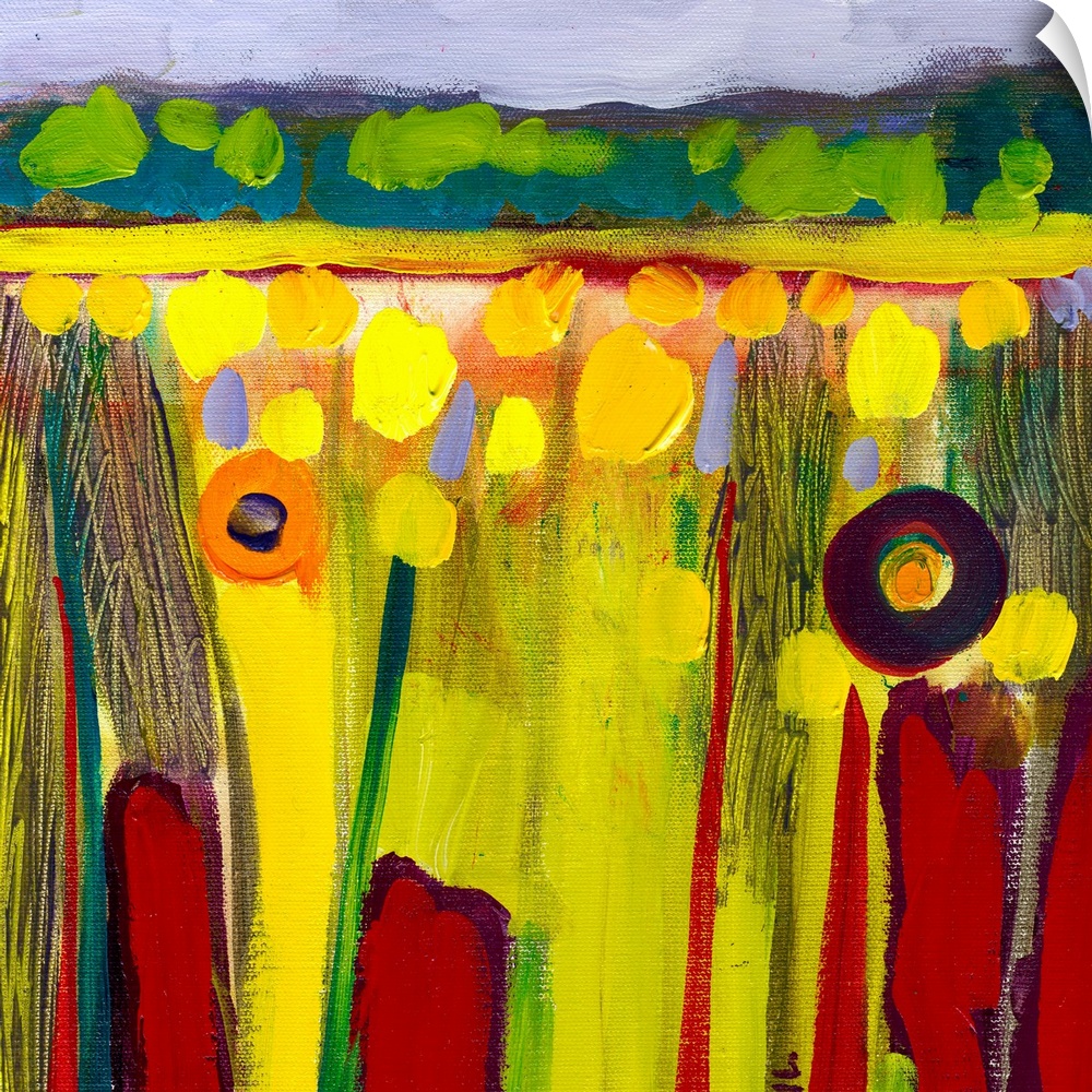 Big, square abstract painting of bright , circular flowers in the lush fields of the Skagit Valley of Northwest Washington.