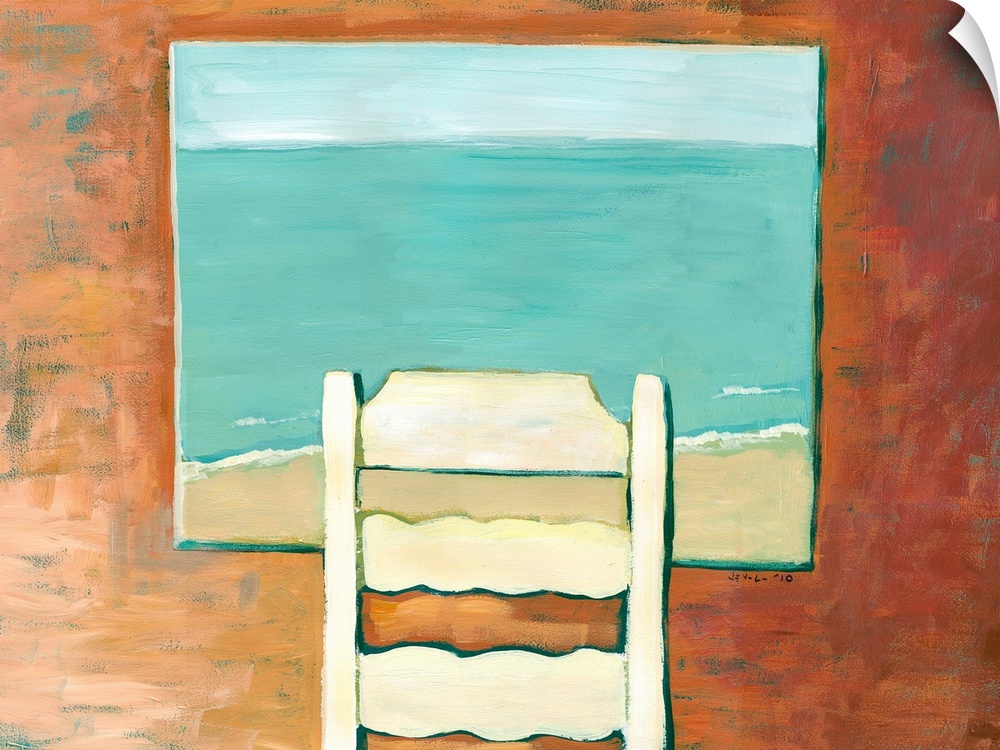 Contemporary painting of a ladder back chair facing an open window, looking out onto the beach and ocean below.