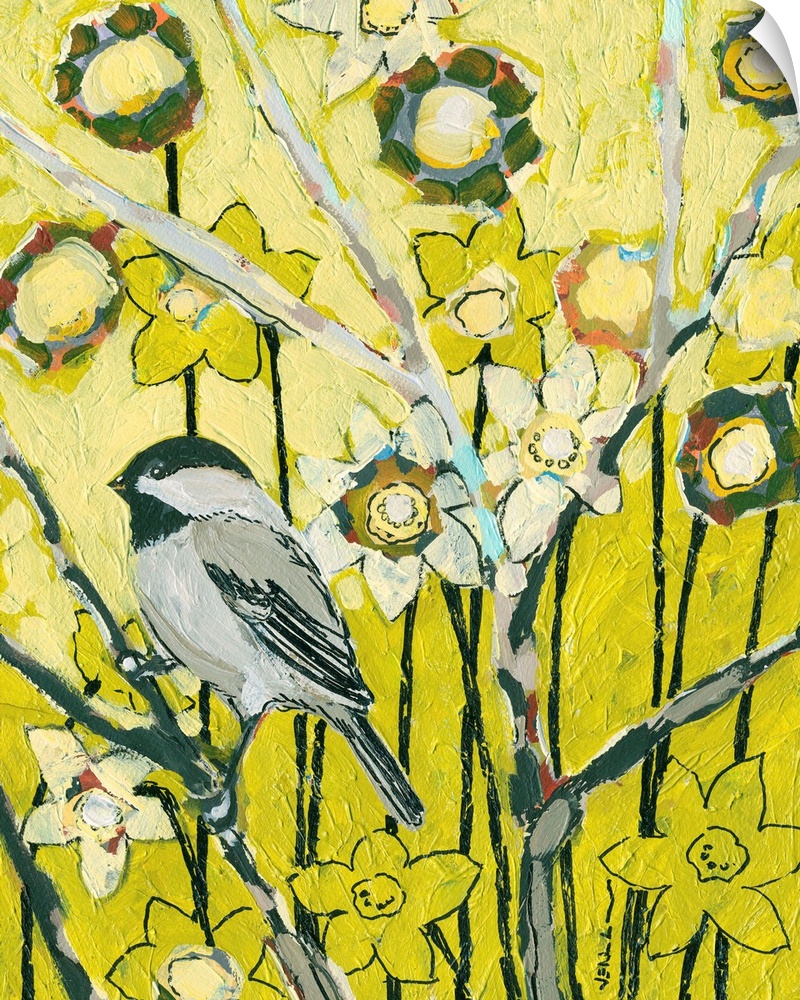 This decorative wall hanging is a vertical painting of a small songbird on a branch surrounded by abstract flowers.