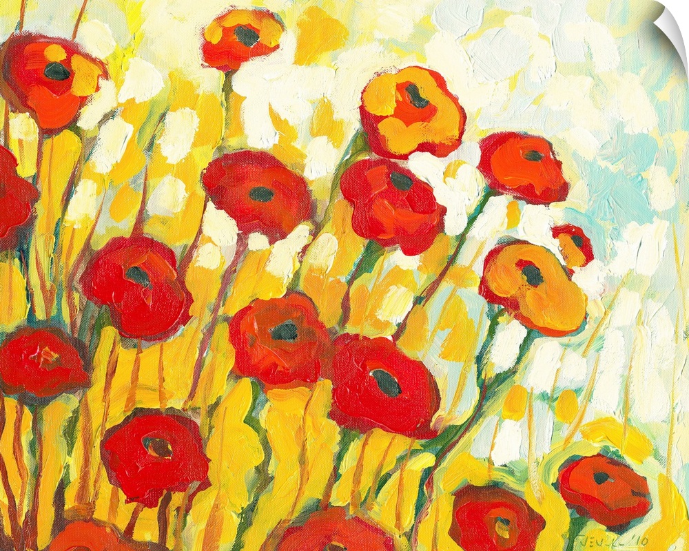 Boldly colored contemporary painting of poppy blossoms with abstract background made of brush strokes.