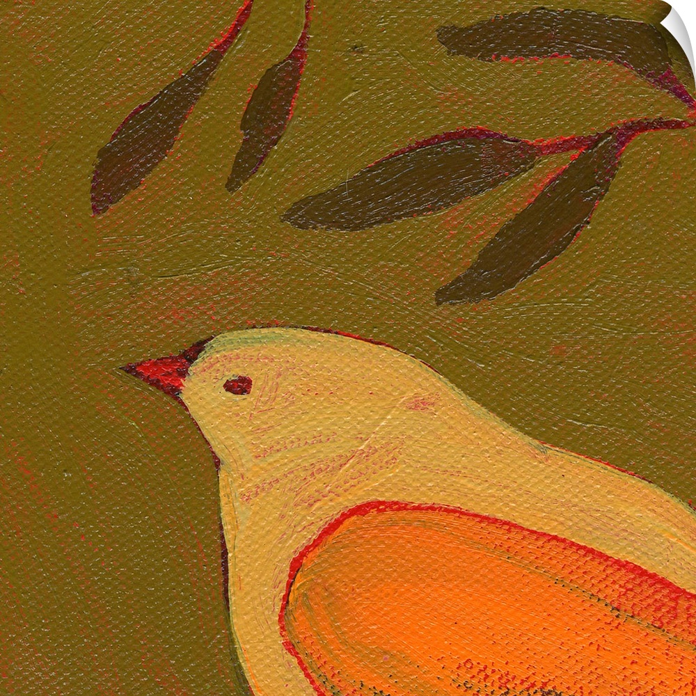 Contemporary artwork of a large bird in the lower right corner with an olive branch hanging over it.