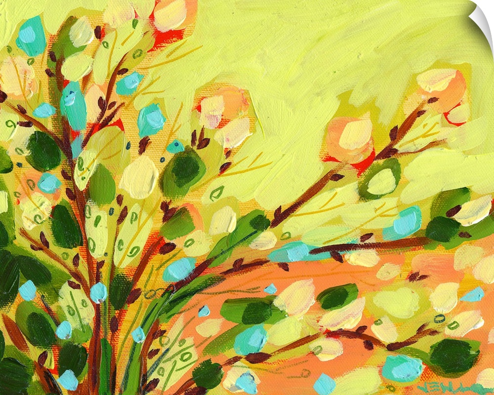 A contemporary abstract still life of flowers and leaves. This horizontal painting was created with big, gestural brush st...