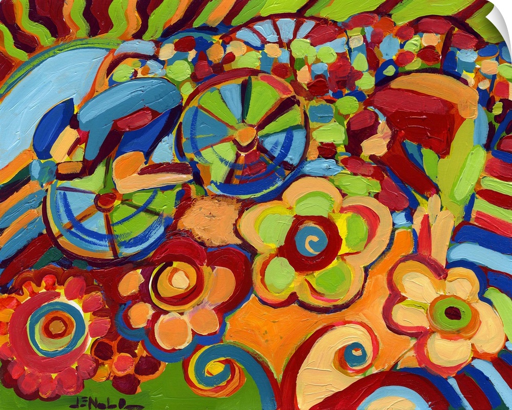 This contemporary painting shows an abstract cyclist racing through a field of oversized stylized flowers. This painting m...