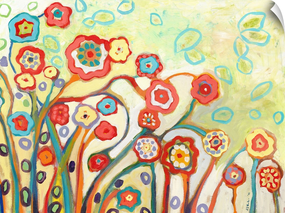 This horizontal wall art features stylized flowers created with energetic brush strokes in an abstract painting.