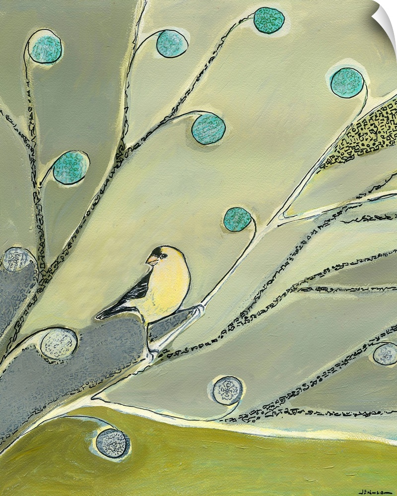 Vertical painting of a lone realistically drawn bird sitting on abstract stylized branches and floral shapes.