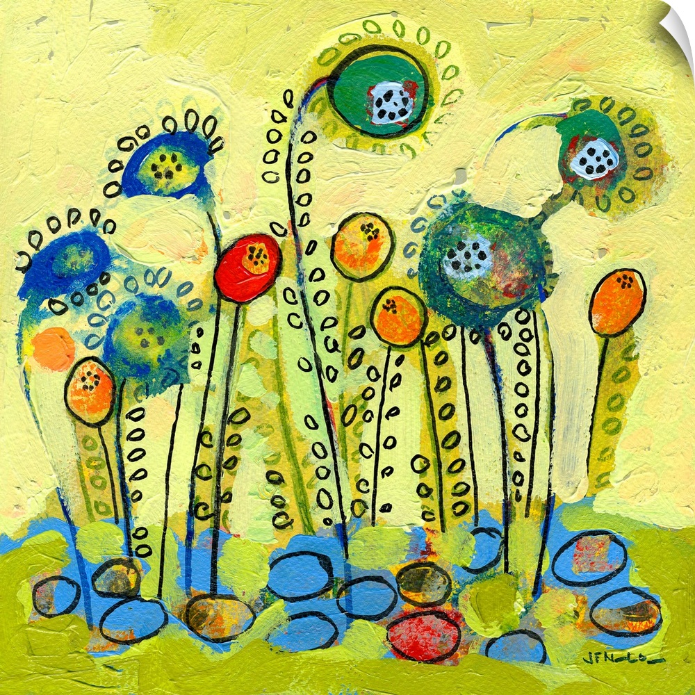 Contemporary abstract painting of seeds blossoming into flowers.  Simple shapes are used to create the image.