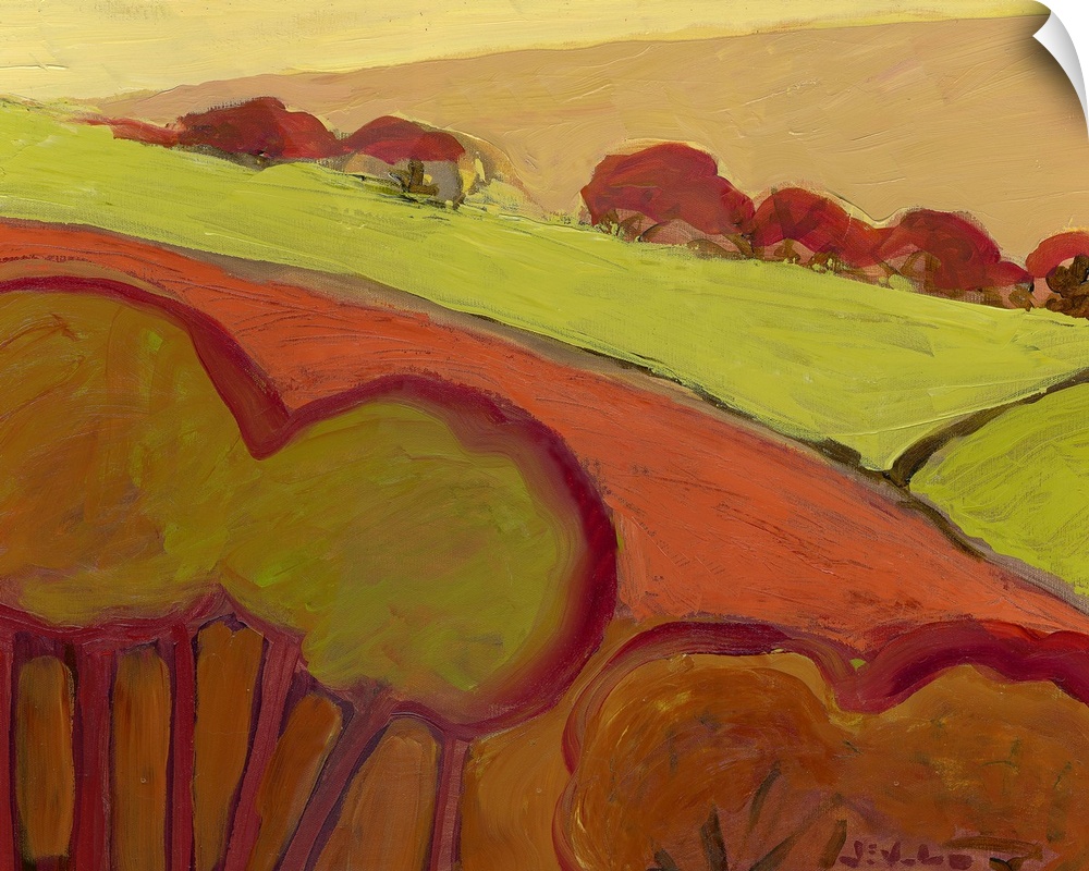 Contemporary abstract painting of hillside with trees.