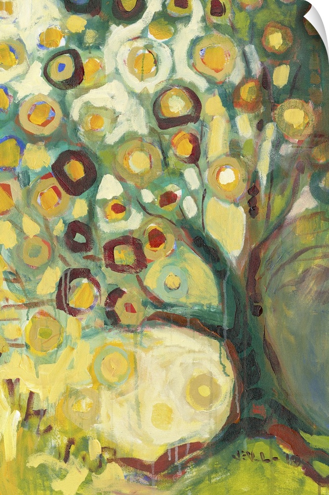 Contemporary abstract painting leaf filled tree.  The fall leaves are represented by circles, some with borders/rings diff...
