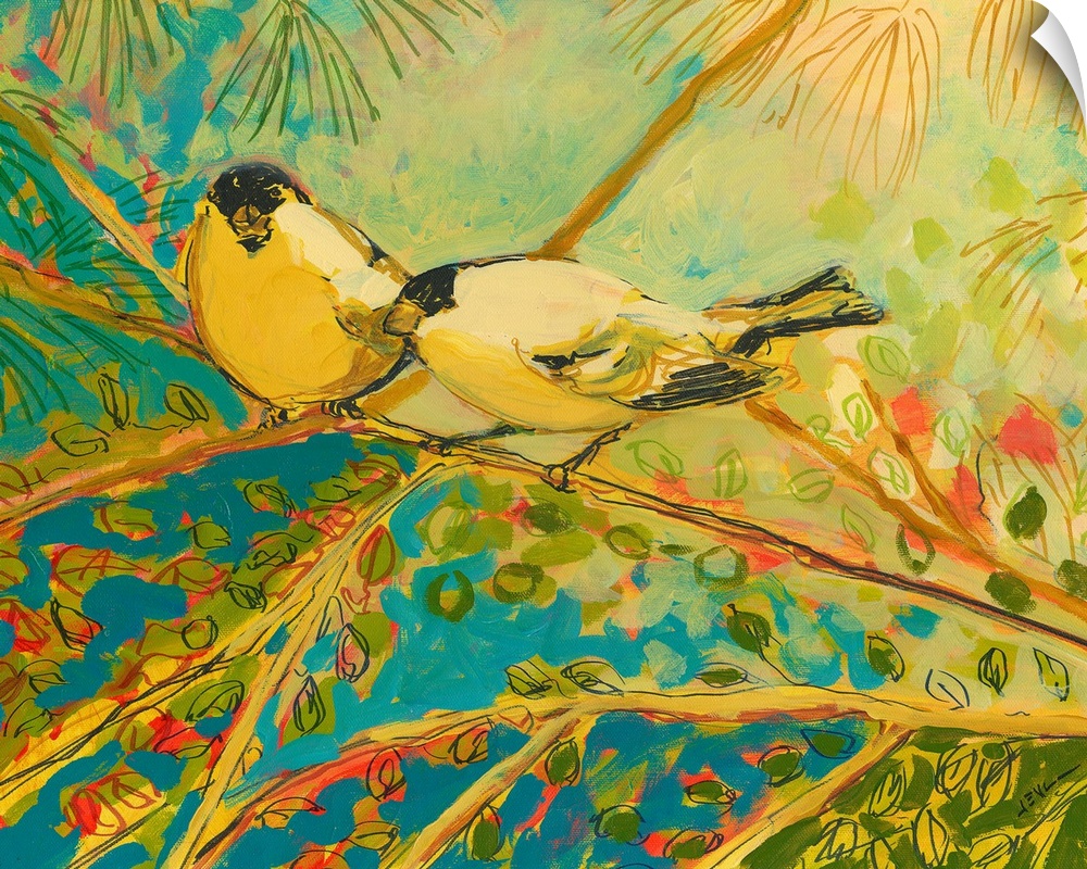 Large contemporary art displays two Goldfinches sitting on a tree branch during a sunny day.  Artist heavily uses lines to...