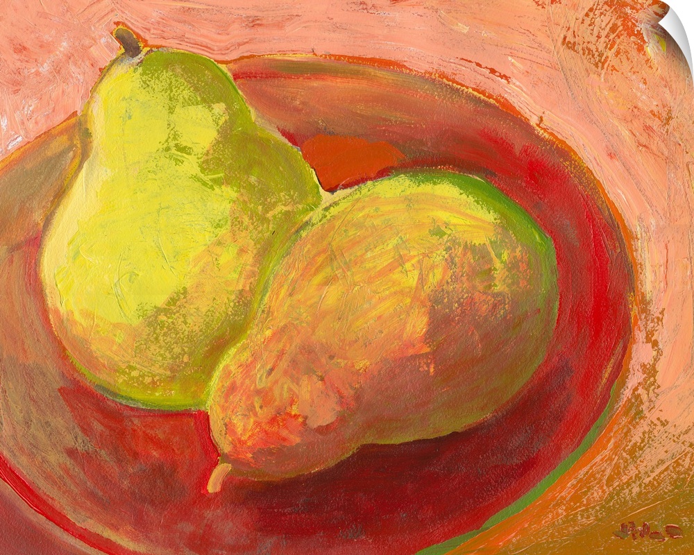 Contemporary painting of two pieces of fruit in a bowl.